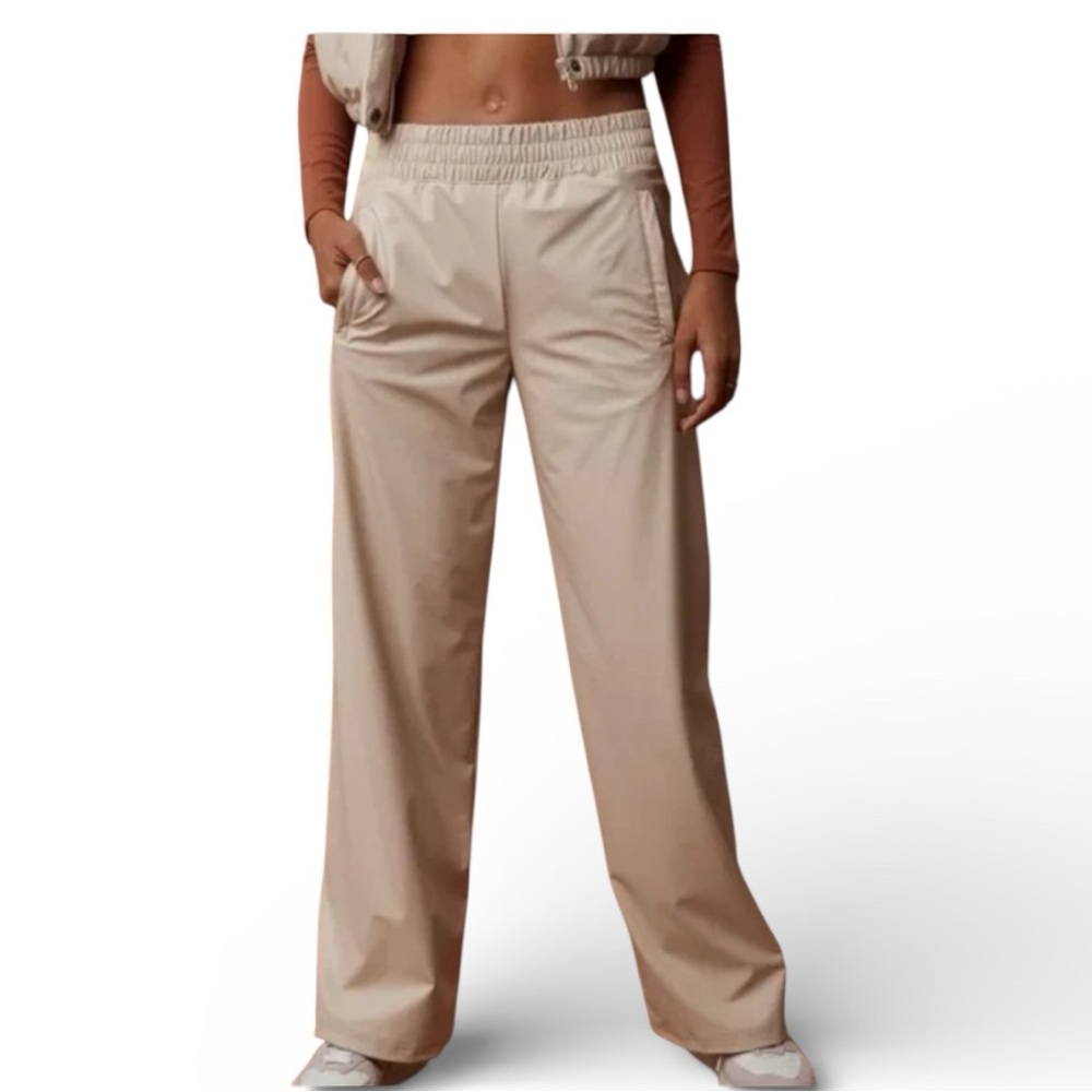 New Cream Wide-Leg Faux Leather Pull On High Waisted Beige‎ Pants by Aerie L